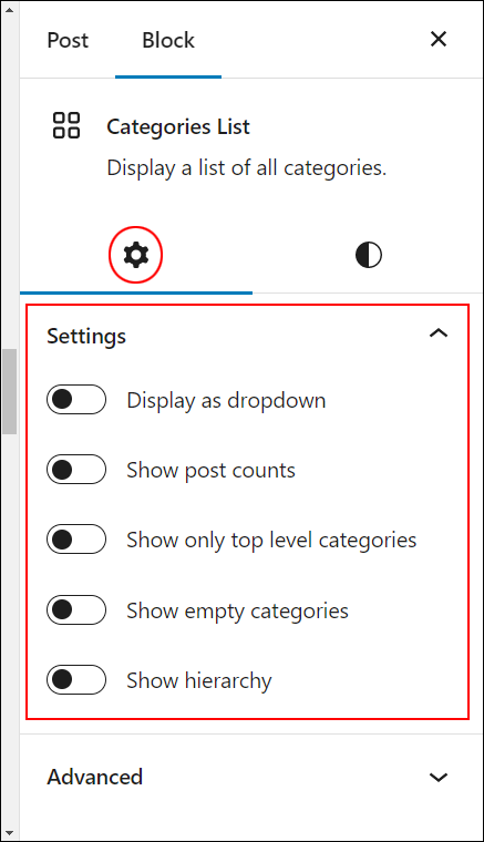 Categories List block - Categories settings