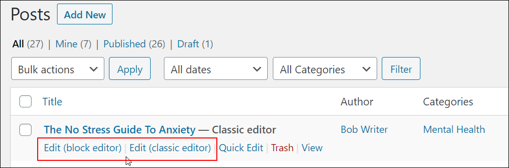 Table of Posts - Edit Post Using Block Editor or Classic Editor