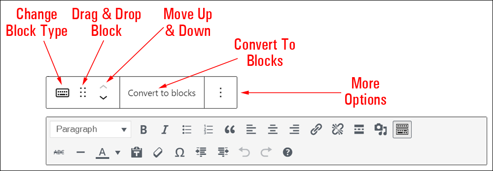 Classic block editor menu.