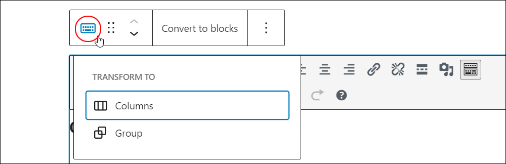 Classic block - Change to other block types.