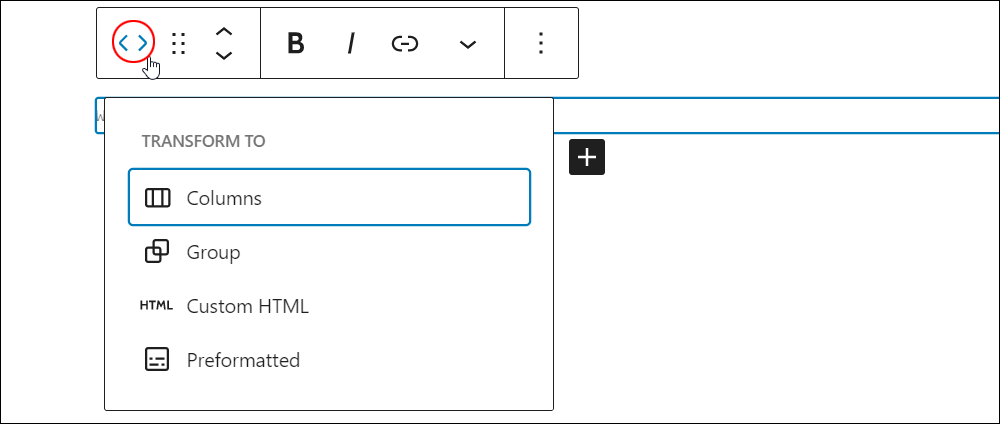 Code block - transform into other block types.