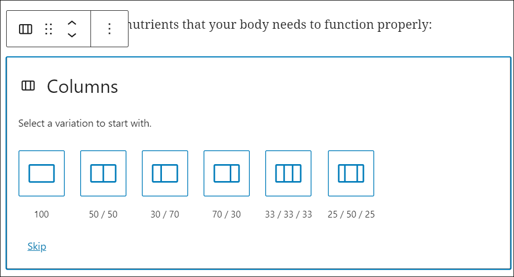 Columns block - Select a variation to start with.