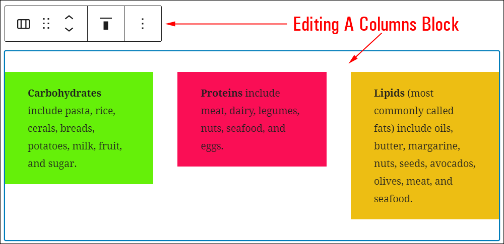 Editing the Columns Block