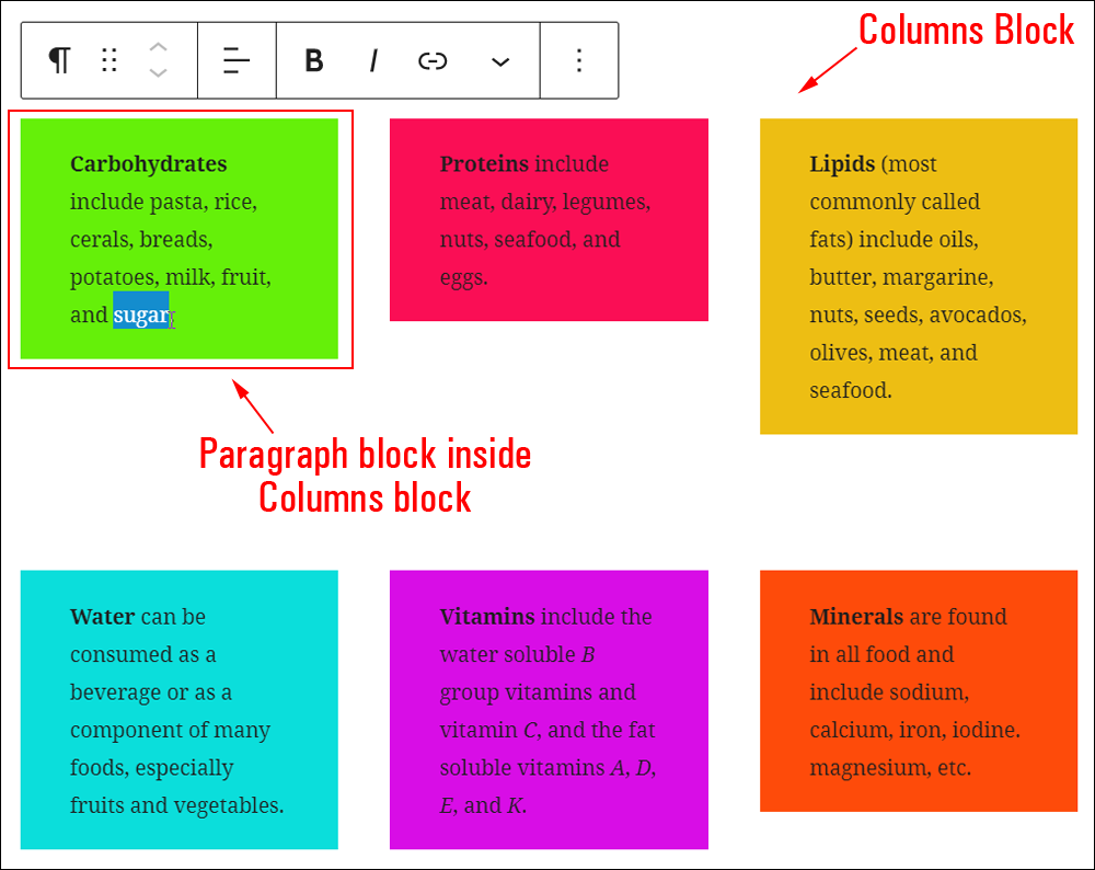 Editing a Paragraph block inside a Columns block.