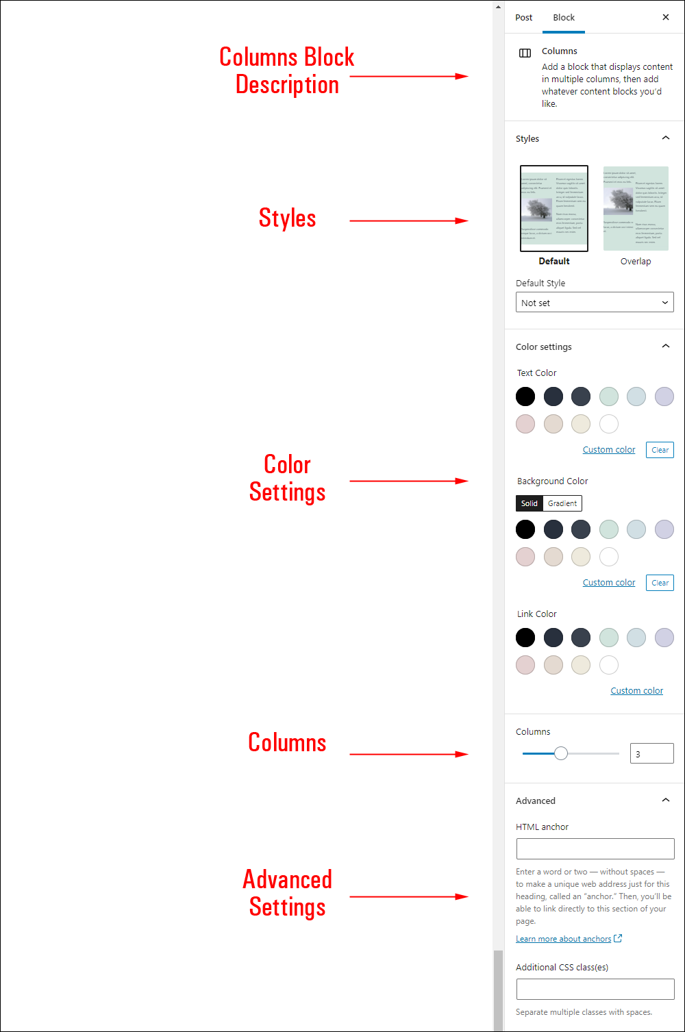 Columns Block Settings.