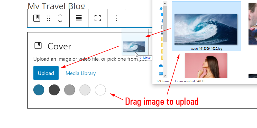 Drag an image over the Cover block to upload it.