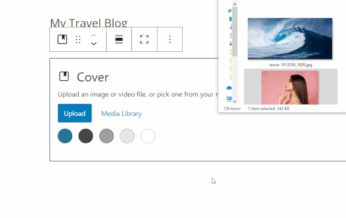 Drag an image to upload it to a Cover block.