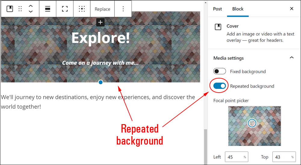 Cover block: Media settings - Repeated background.