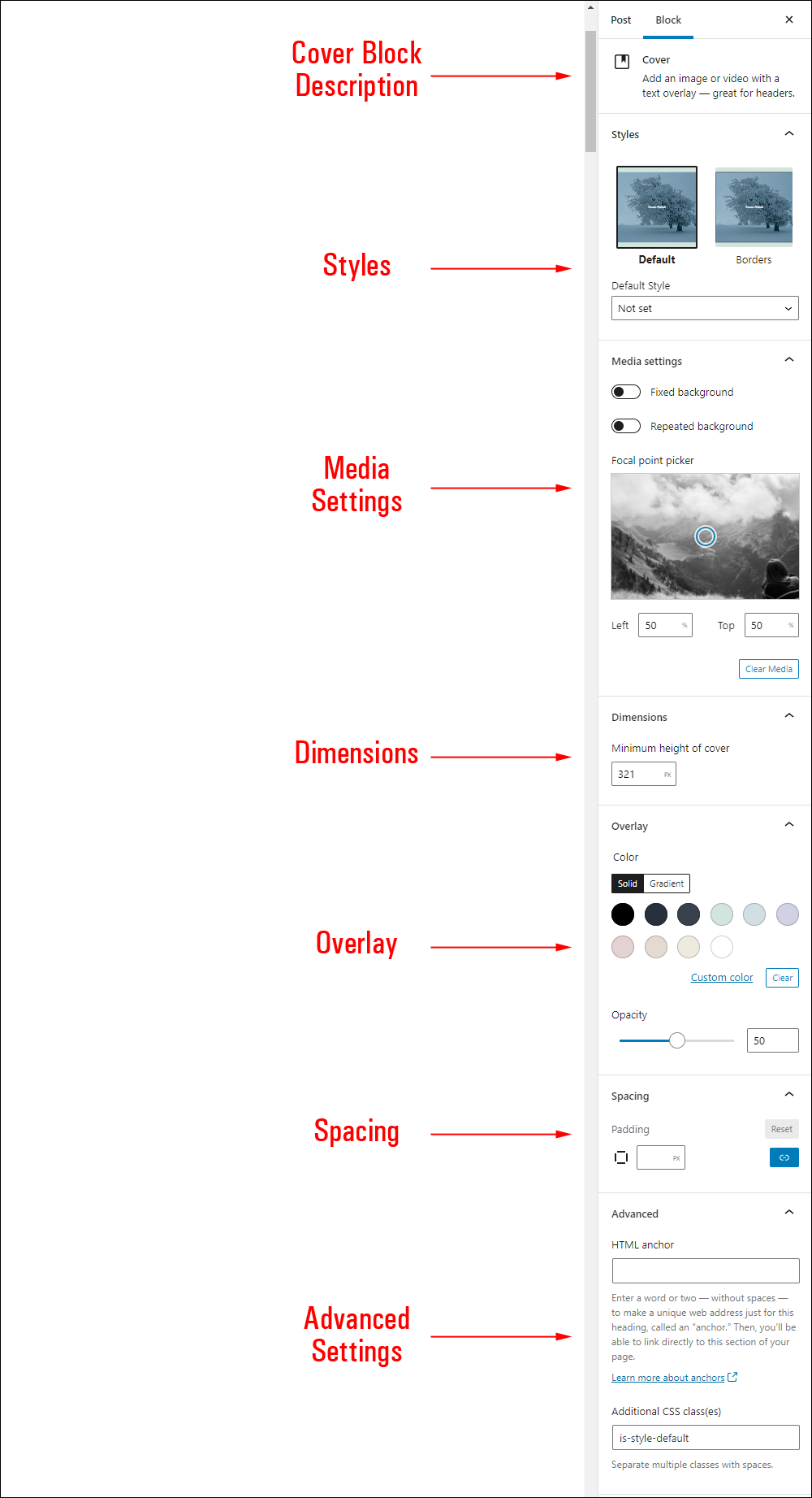 Cover block settings.