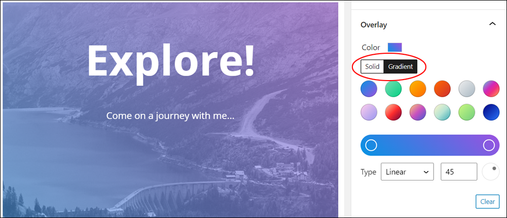 Cover block: Overlay - Solid or Gradient background options.