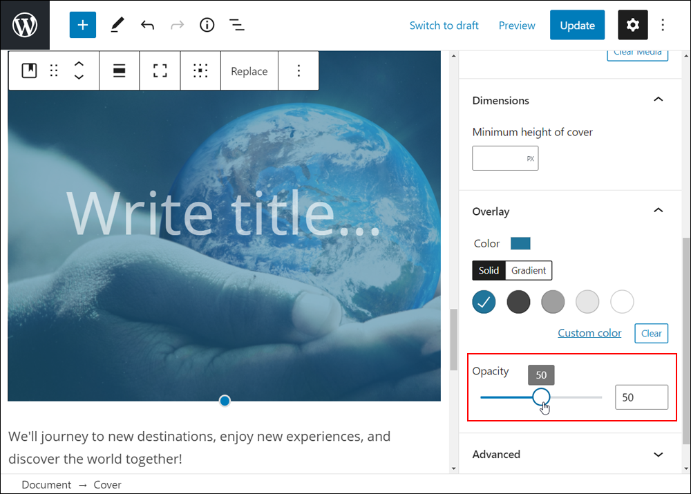 Cover block: Overlay settings - Opacity.
