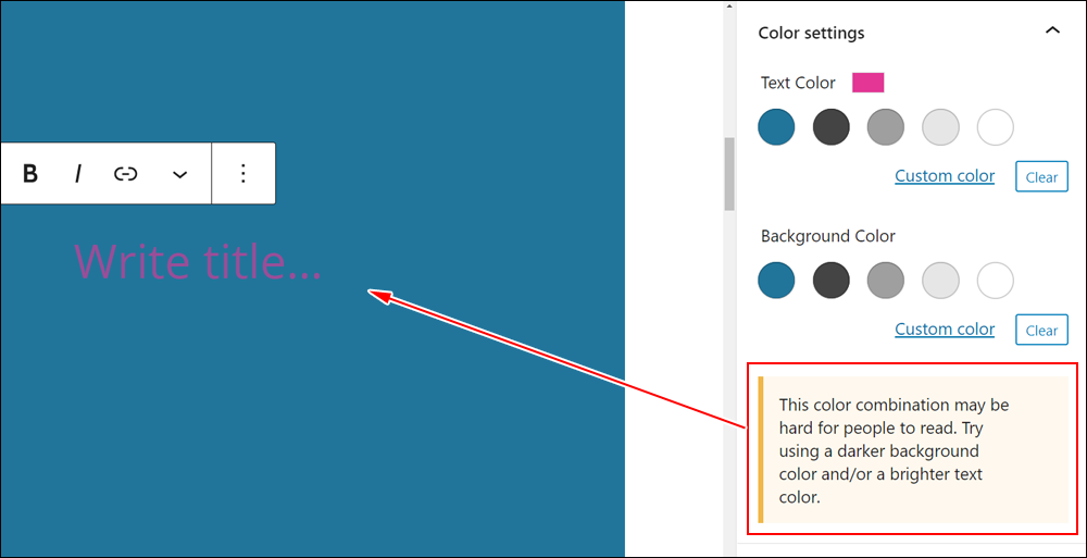 Cover block: Color settings - Accessibility warning.