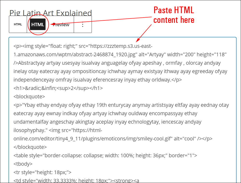 Custom HTML block - HTML text area.