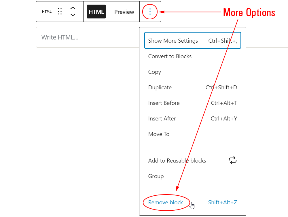 Custom HTML block: More Options - Remove block option.