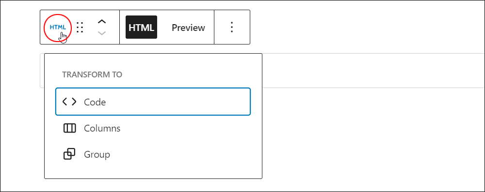 Custom HTML block - Change block type or style.