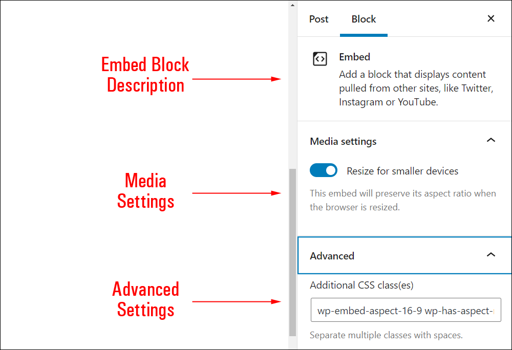 Embed block settings.