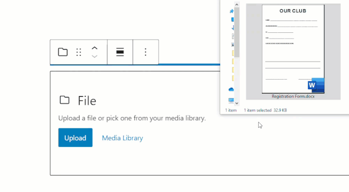 Uploading a file to the File block using drag and drop.