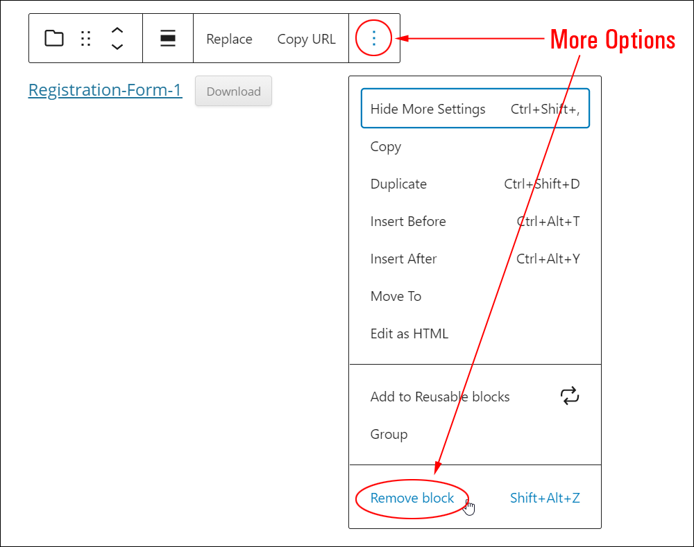 File block: More Options - Remove Block.