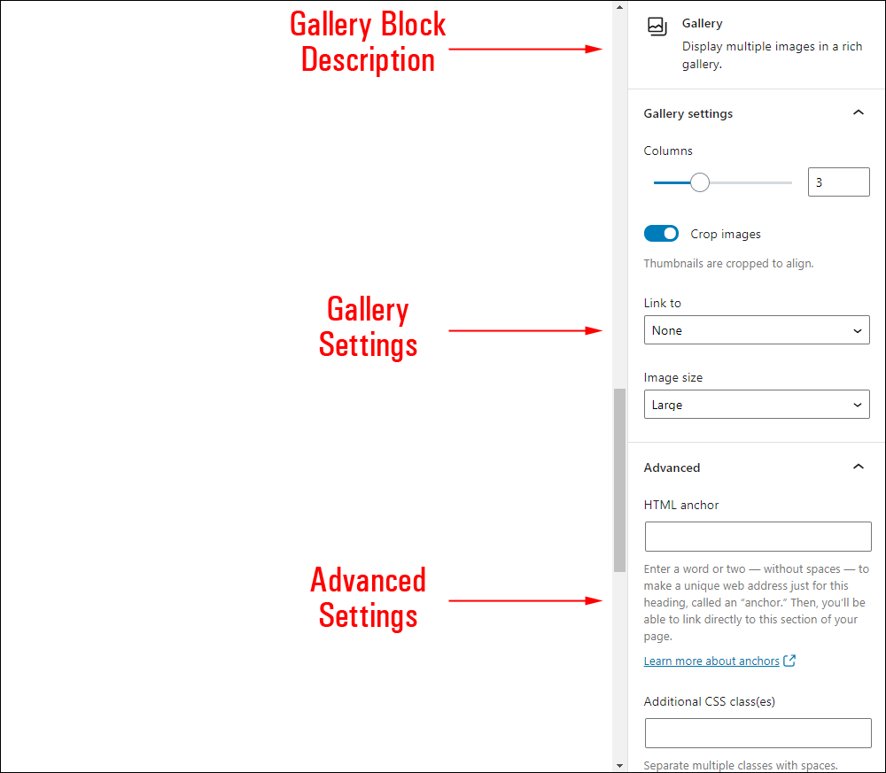 Gallery block settings.