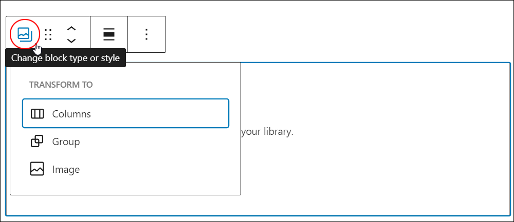 Gallery block - Change block type or style.