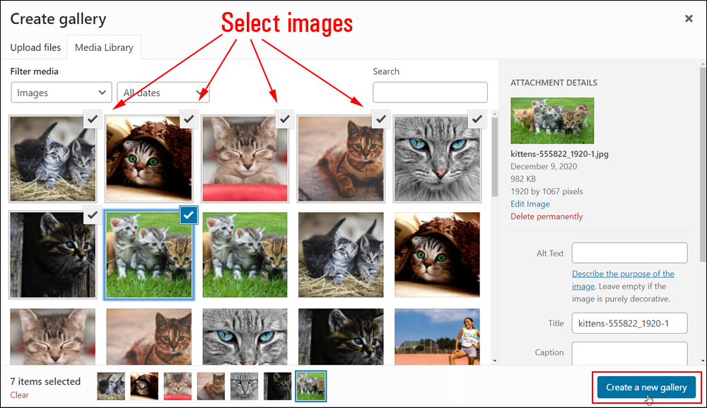 Media Library: Create a gallery - Select images