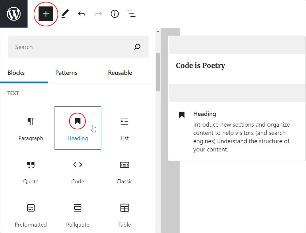 Add Block tool - Heading block