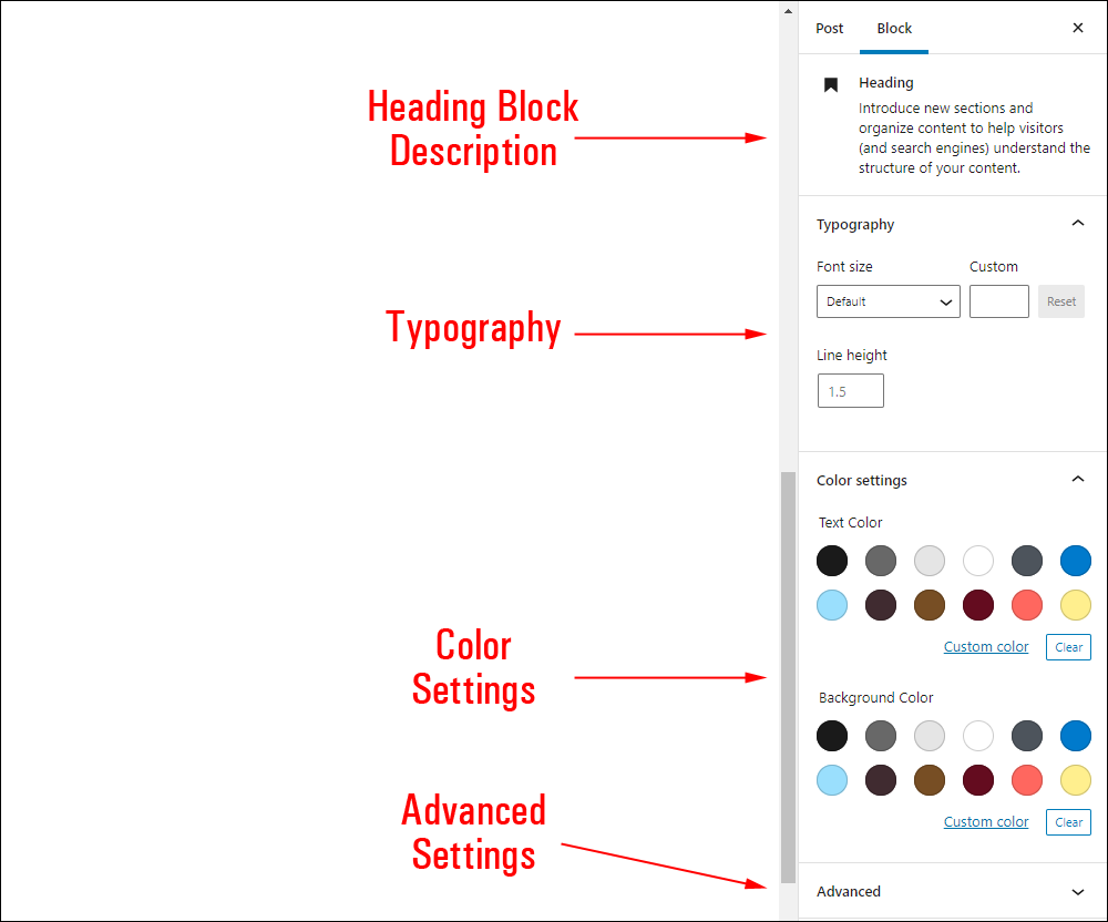 Heading block settings.