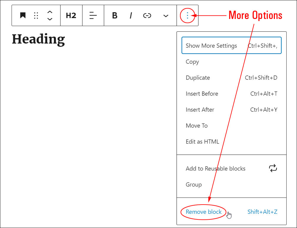 Heading Block: More Options - Remove block