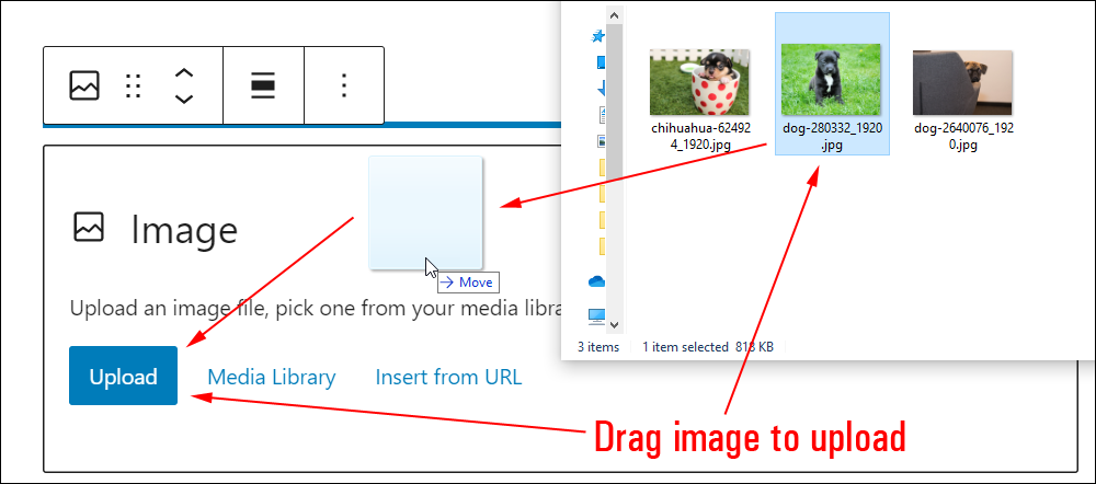 Add an image to an Image block using drag and drop.