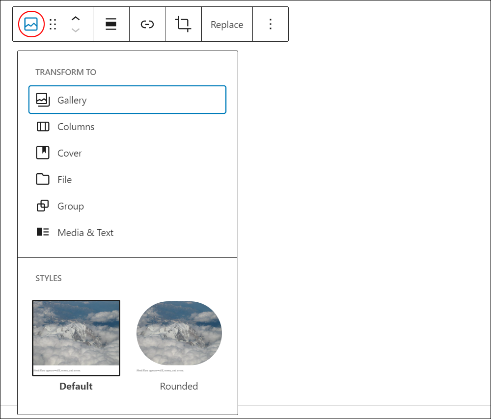 Image block - Change block type or style.