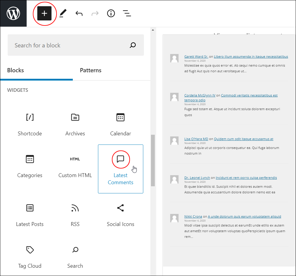 Add Block tool - Latest Comments block.