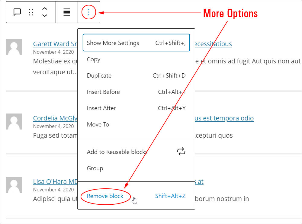 Latest Comments block: More Options menu - Remove block.