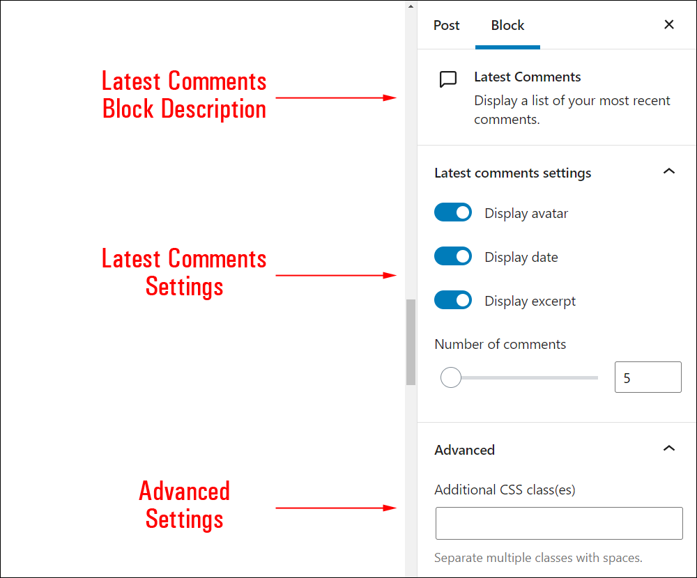 Latest Comments block settings.