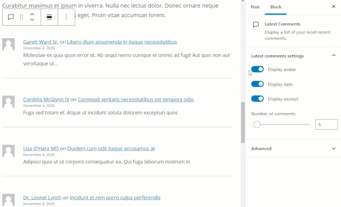 Latest Comments block settings.