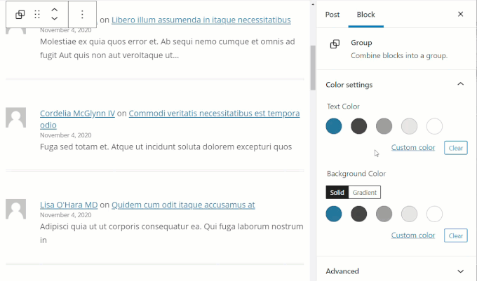 Group block settings - Color settings.