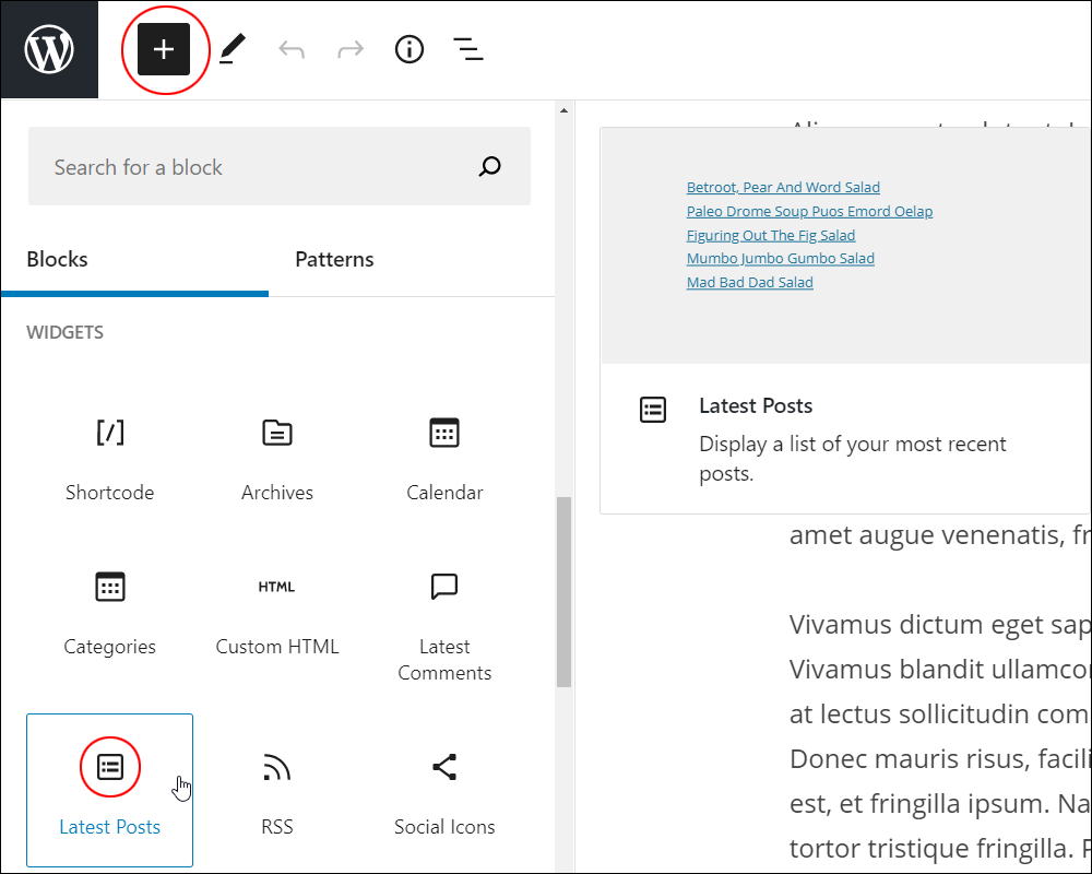 Add Block tool - Latest Posts block.