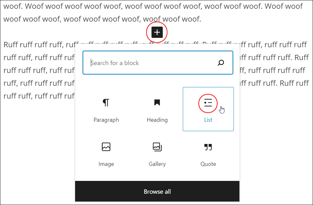 Inserter tool - List block.