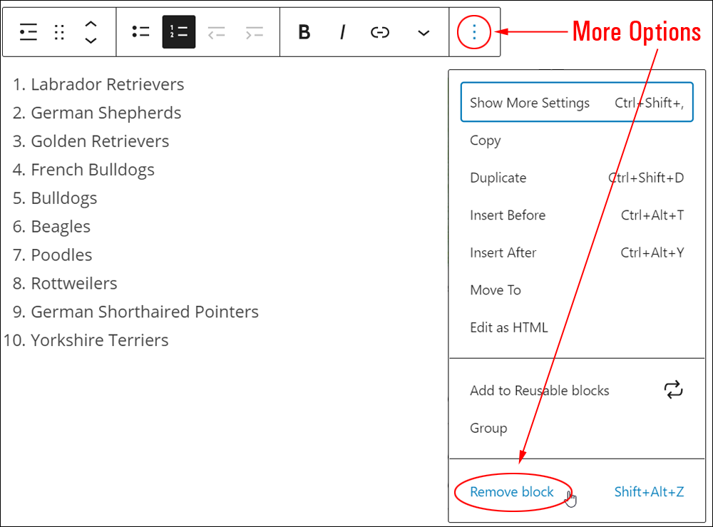 List block: More Options menu - Remove block.