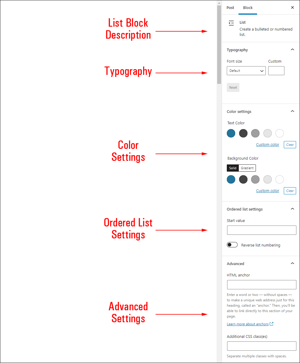 List block settings.