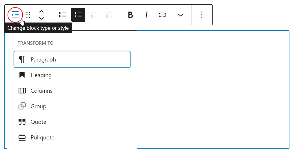 List block - Change block type or style tool.