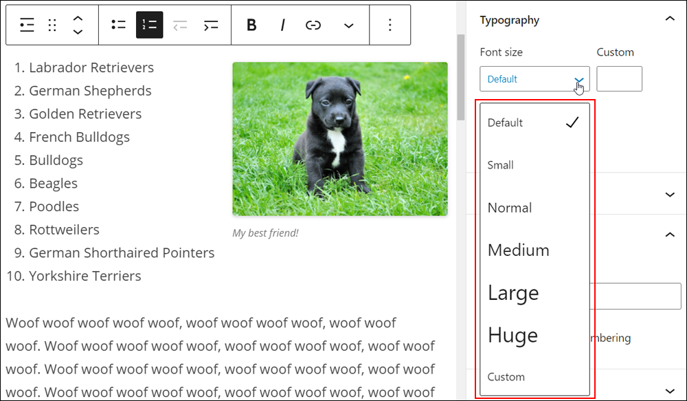 List block settings - Typography.