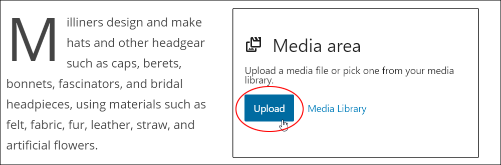 Media & Text block: Media area - Upload button.