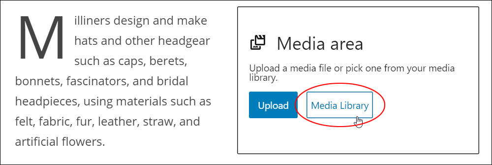 Media & Text block: Media area - Media Library button.