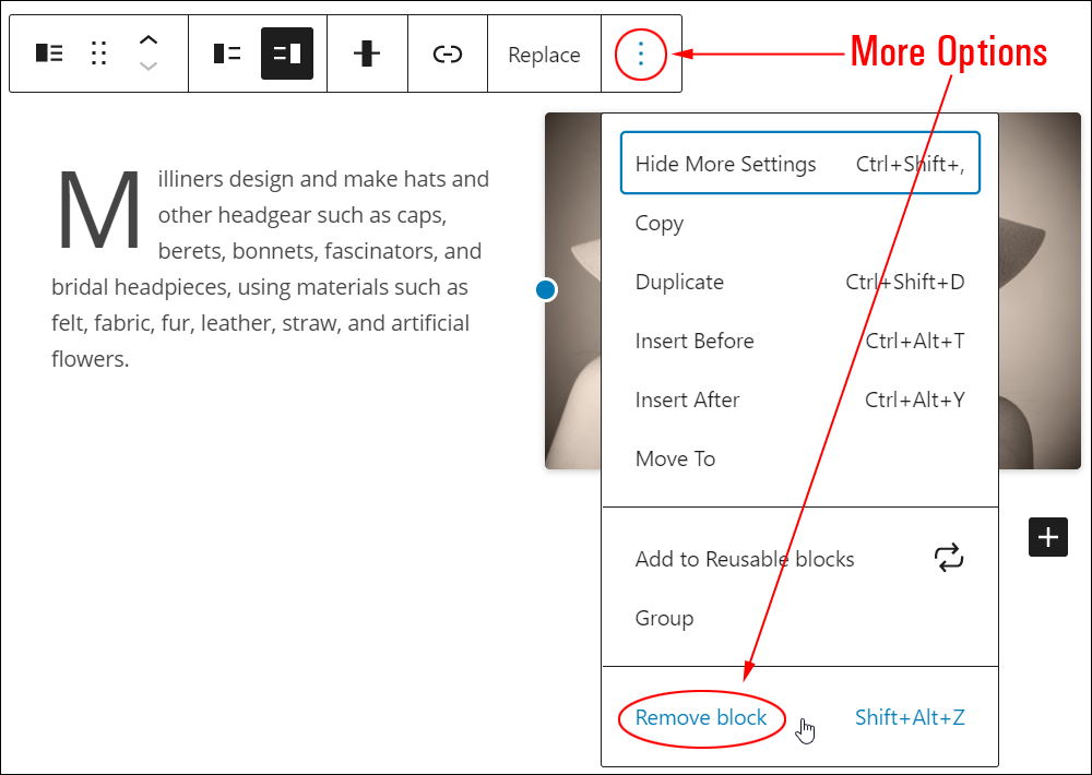 Media & Text block: More Options tool - Remove block.