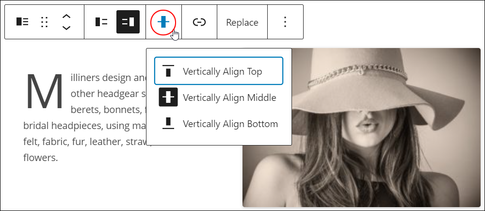 Media & Text block - Vertical Alignment button.