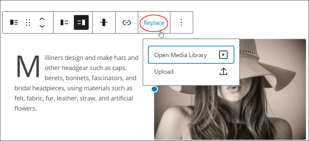 Media & Text Block - Replace button.