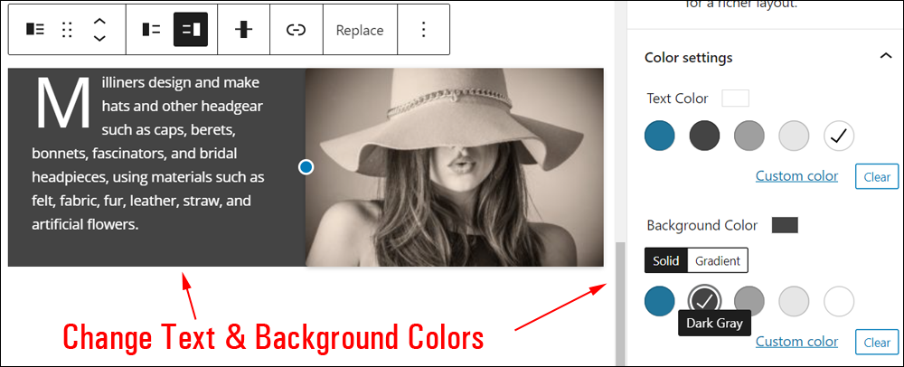 Media & Text block: Color settings.