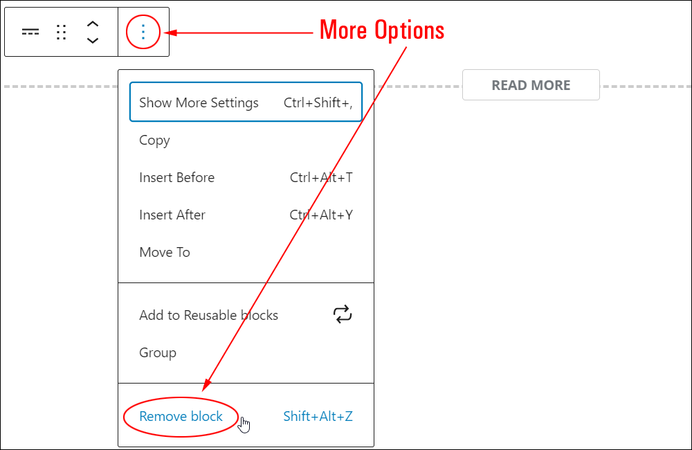 More block: More Options - Remove block.