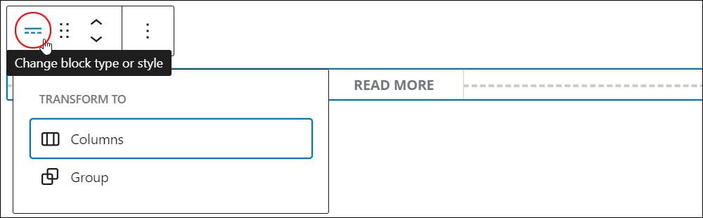 More block - Change block type or style tool.