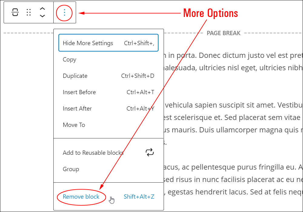 Page Break block: More Options - Remove block.